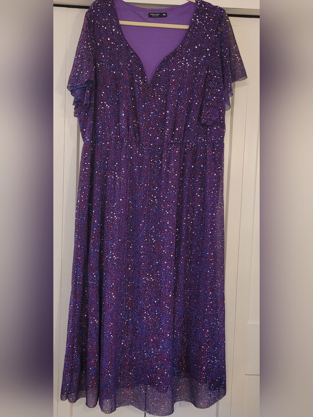 SHEIN Purple Glitter Maxi Dress with Flutter Sleeves